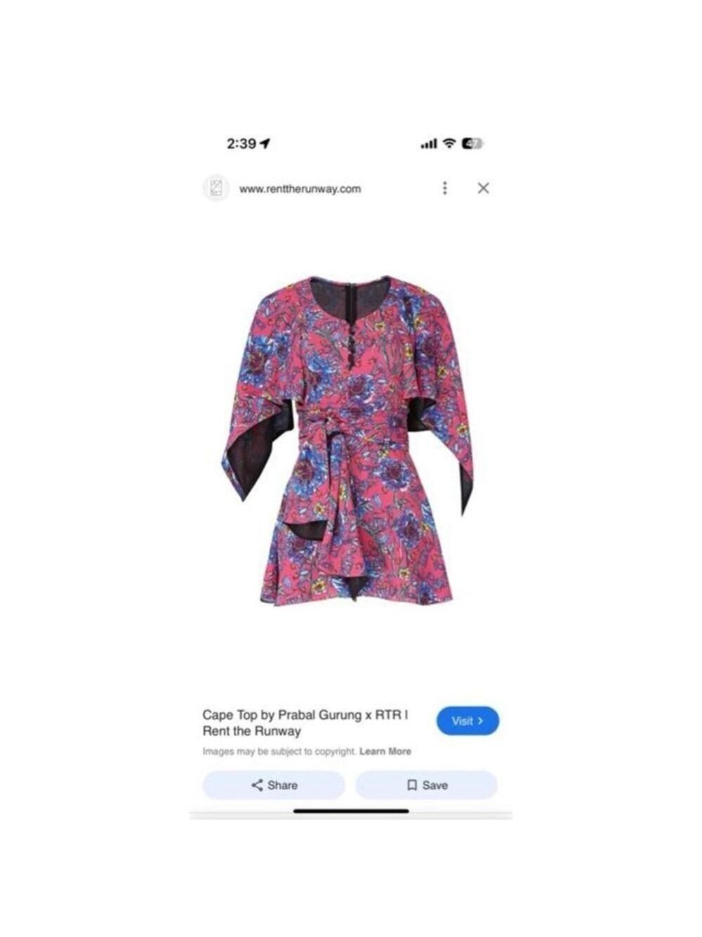 Women's Prabal Gurung Pink Floral Cape Blouse Size 0